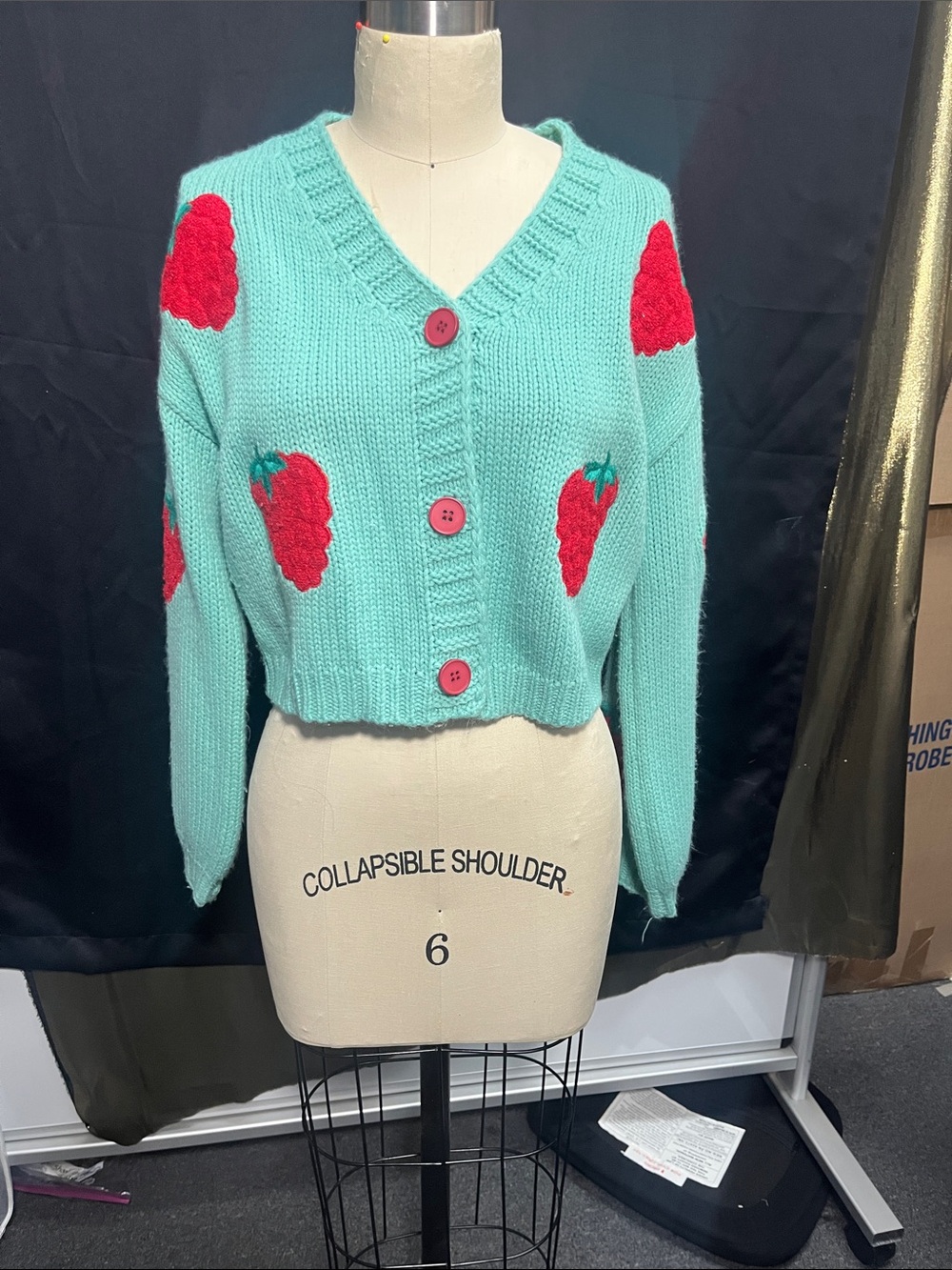 🩵🍓✨ SHEIN Teal Cropped Sweater | Size 4 | Embroidered Raspberry Knit 🌿💖
